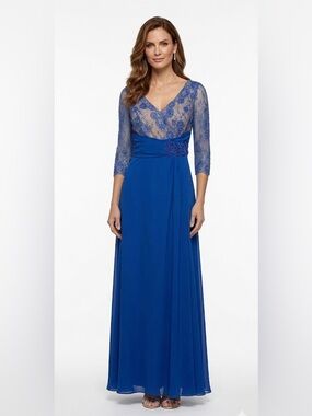 Pronovias Beaded Lace Floral 3/4 Sleeve Full Length Formal Maxi Gown Size 12